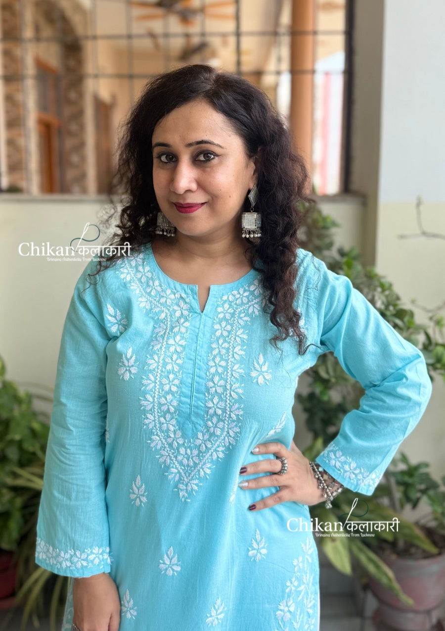 Meera Cotton Chikankari Kurti - Light Blue