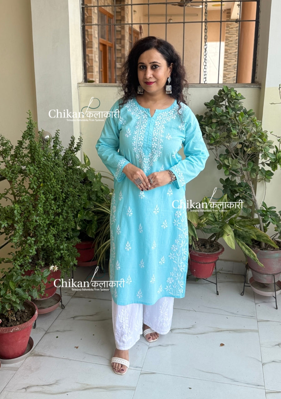 Meera Cotton Chikankari Kurti - Light Blue