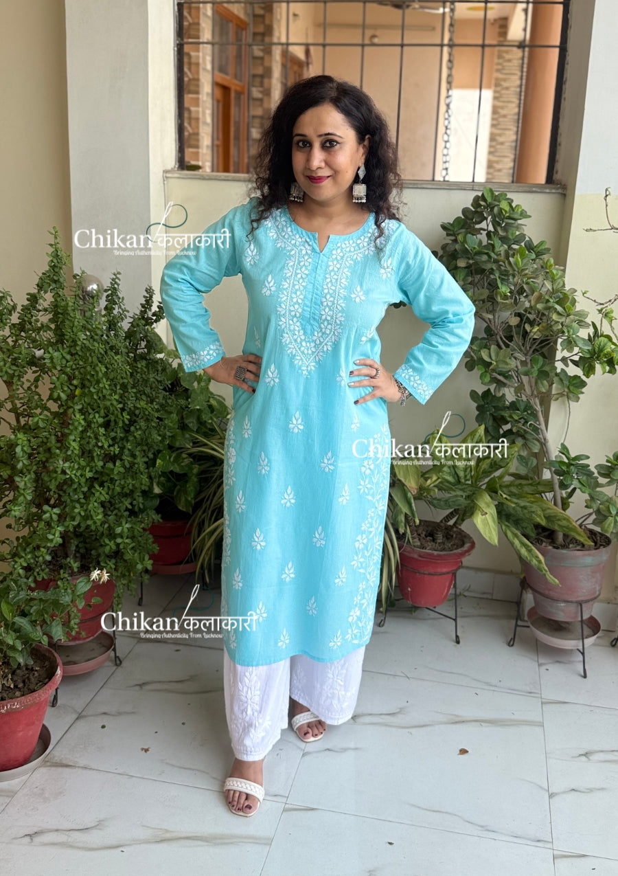 Meera Cotton Chikankari Kurti - Light Blue