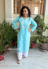 Meera Cotton Chikankari Kurti - Light Blue