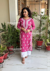 Meera Cotton Chikankari Kurti - Mulberry Pink