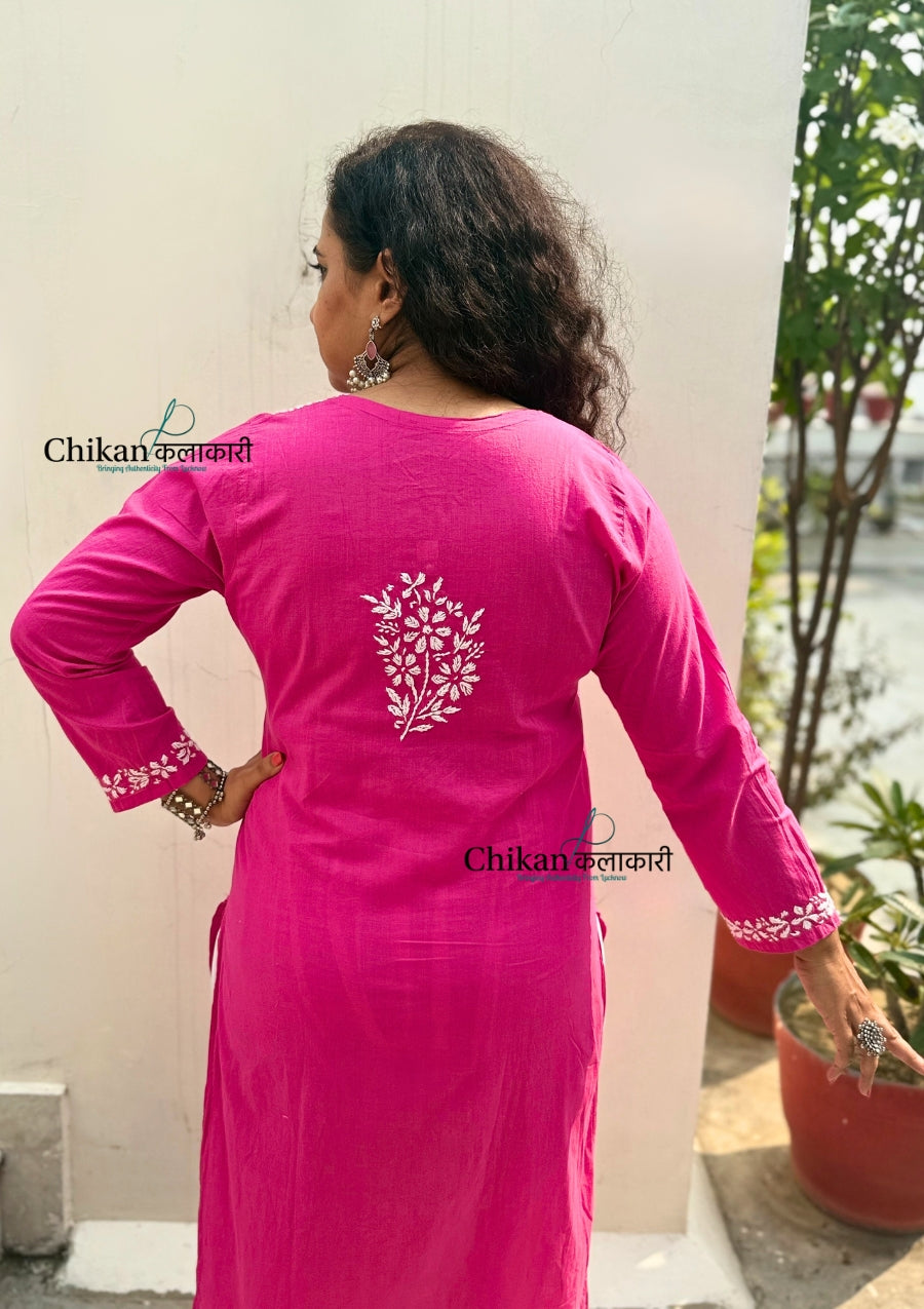 Meera Cotton Chikankari Kurti - Pink