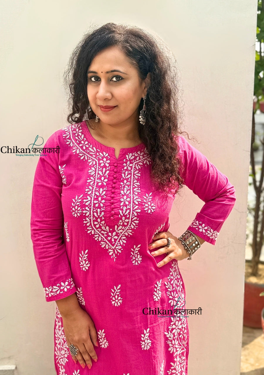 Meera Cotton Chikankari Kurti - Pink