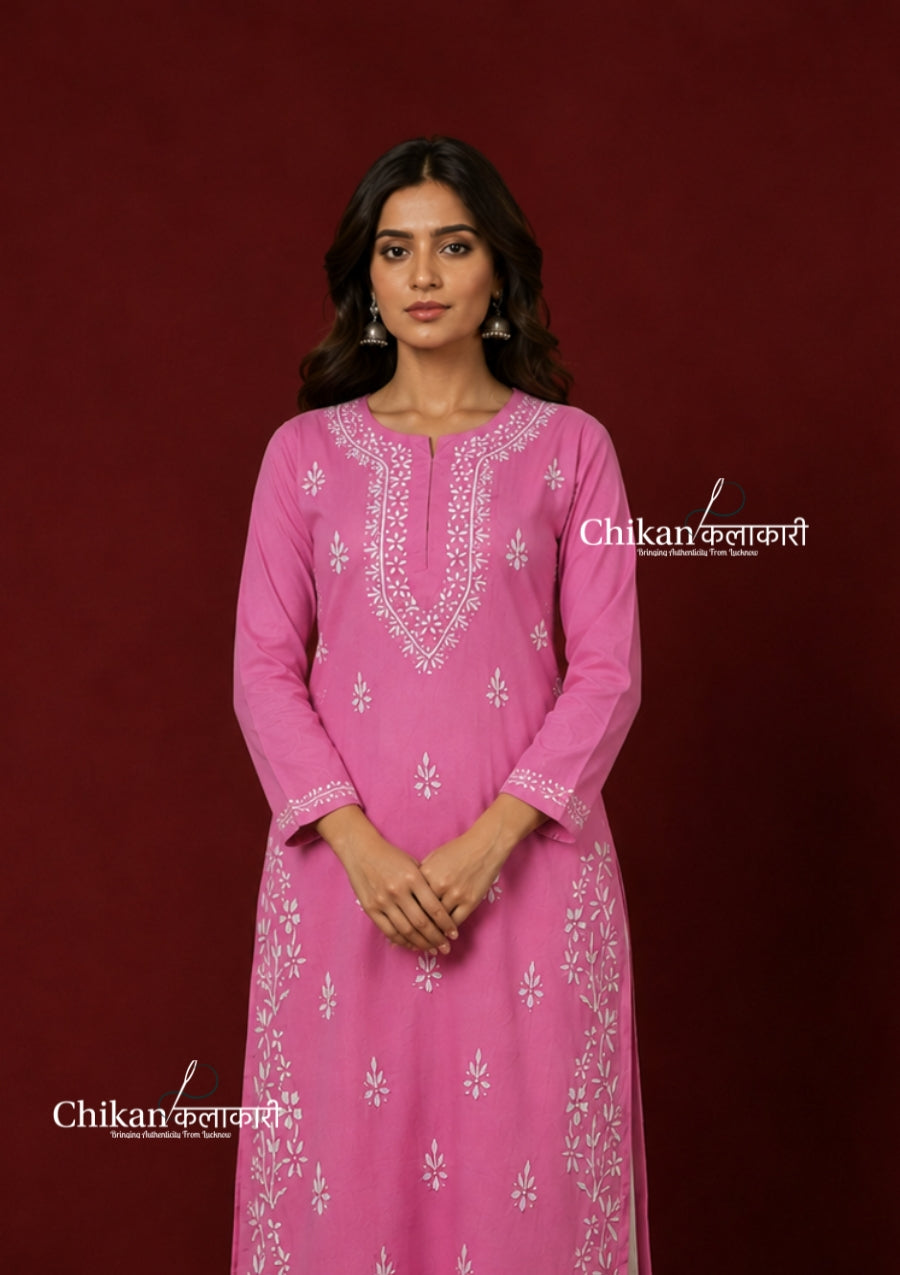 Meera Cotton Chikankari Kurti - Pink