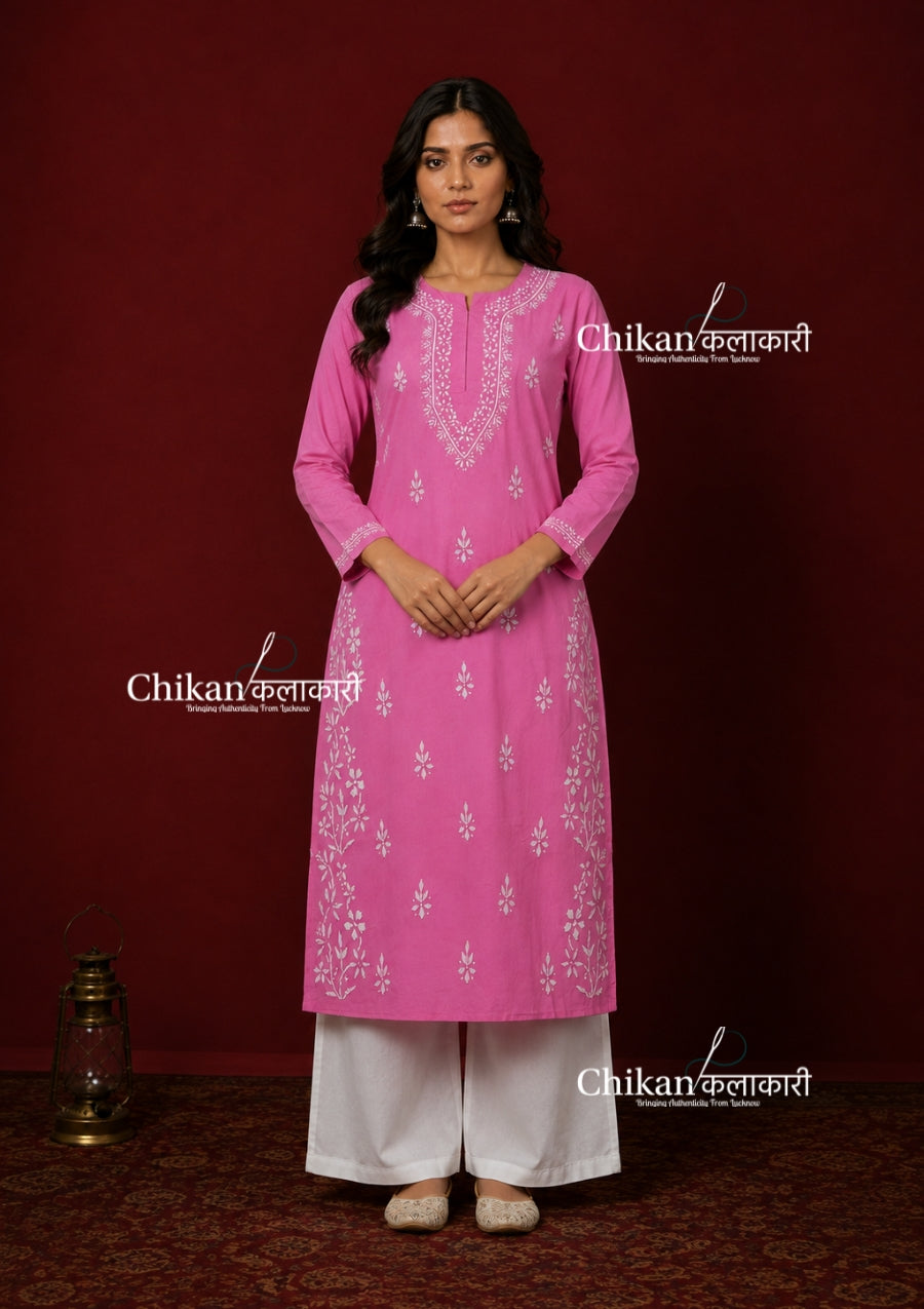 Meera Cotton Chikankari Kurti - Pink