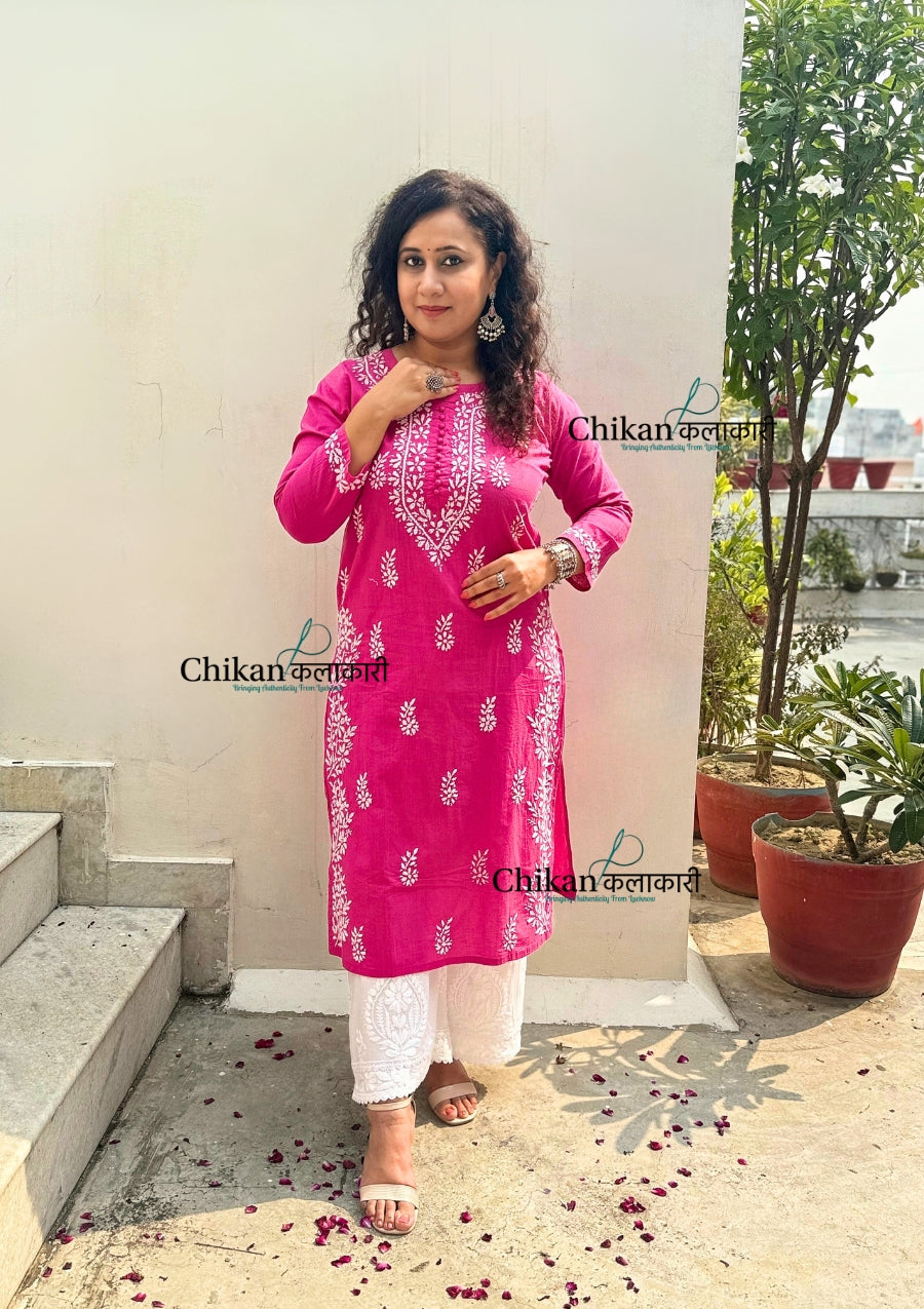 Meera Cotton Chikankari Kurti - Pink