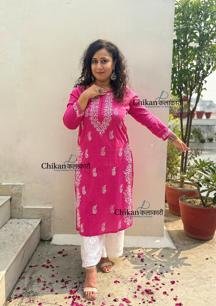 Meera Cotton Chikankari Kurti - Pink