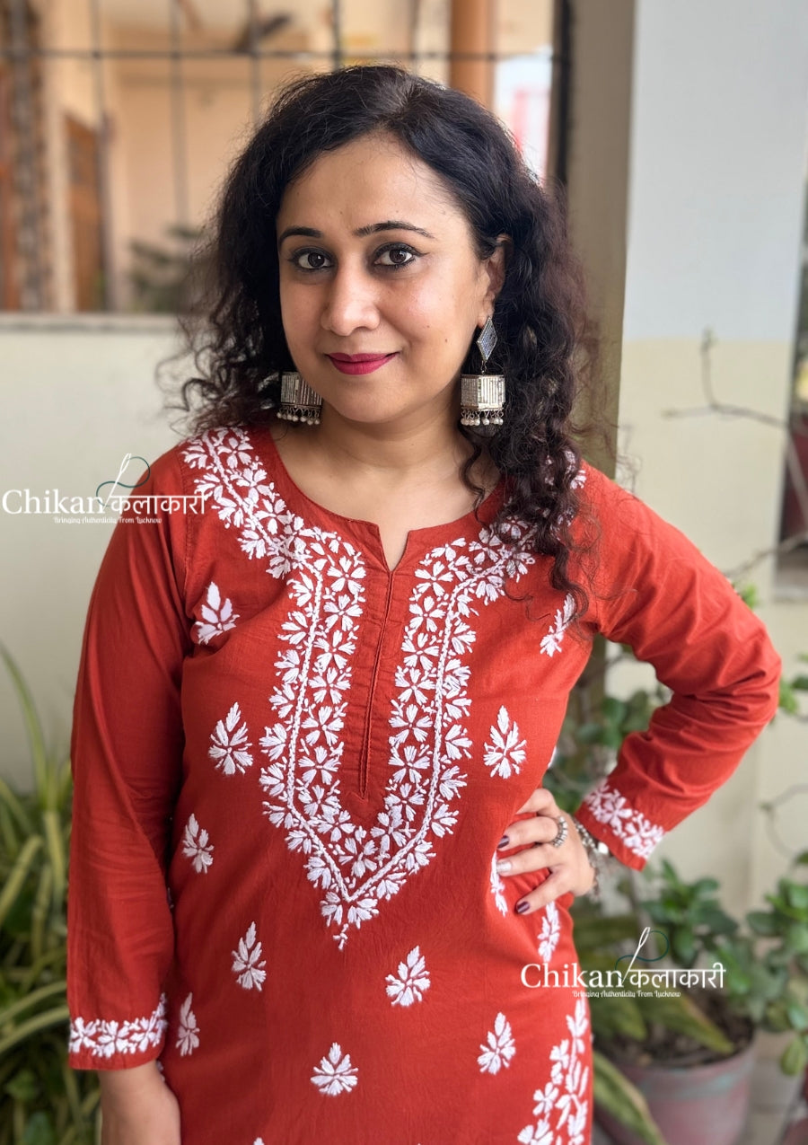 Meera Cotton Chikankari Kurti - Rust