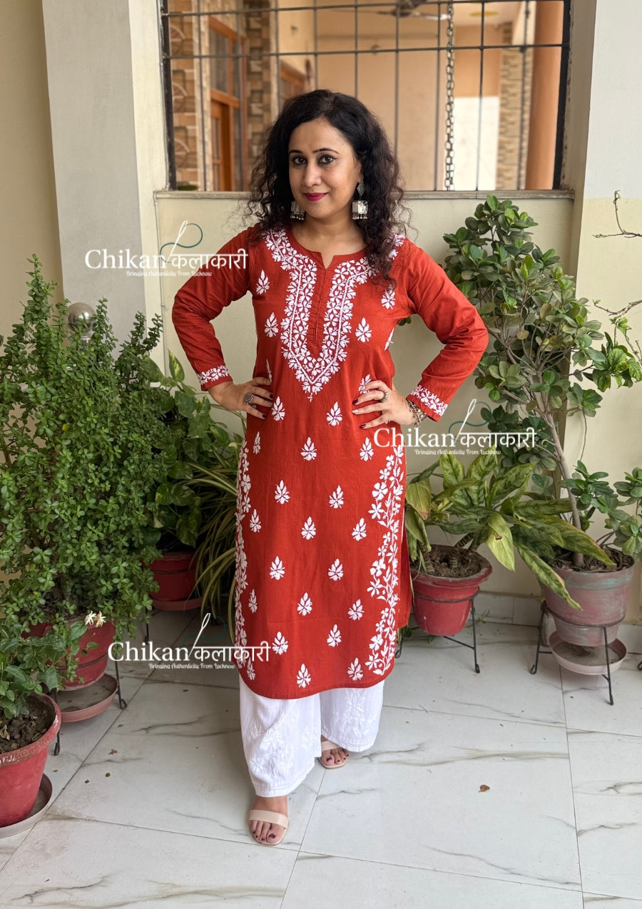 Meera Cotton Chikankari Kurti - Rust