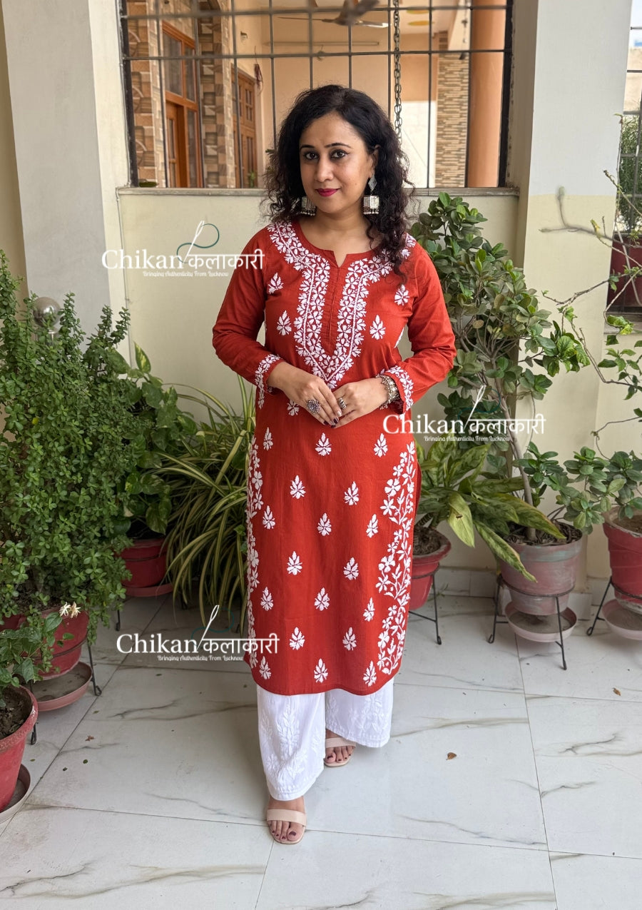 Meera Cotton Chikankari Kurti - Rust