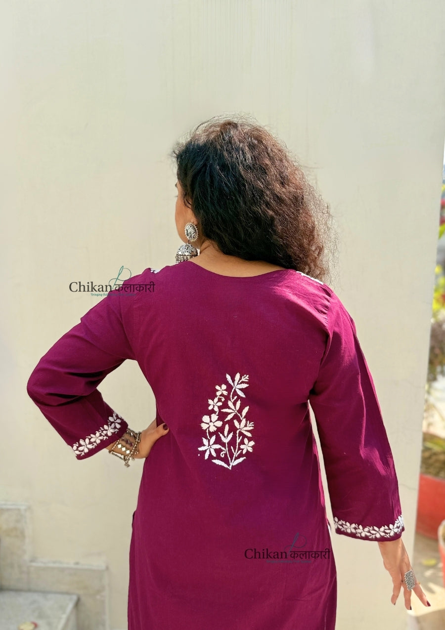 Meera Cotton Chikankari Kurti - Wine