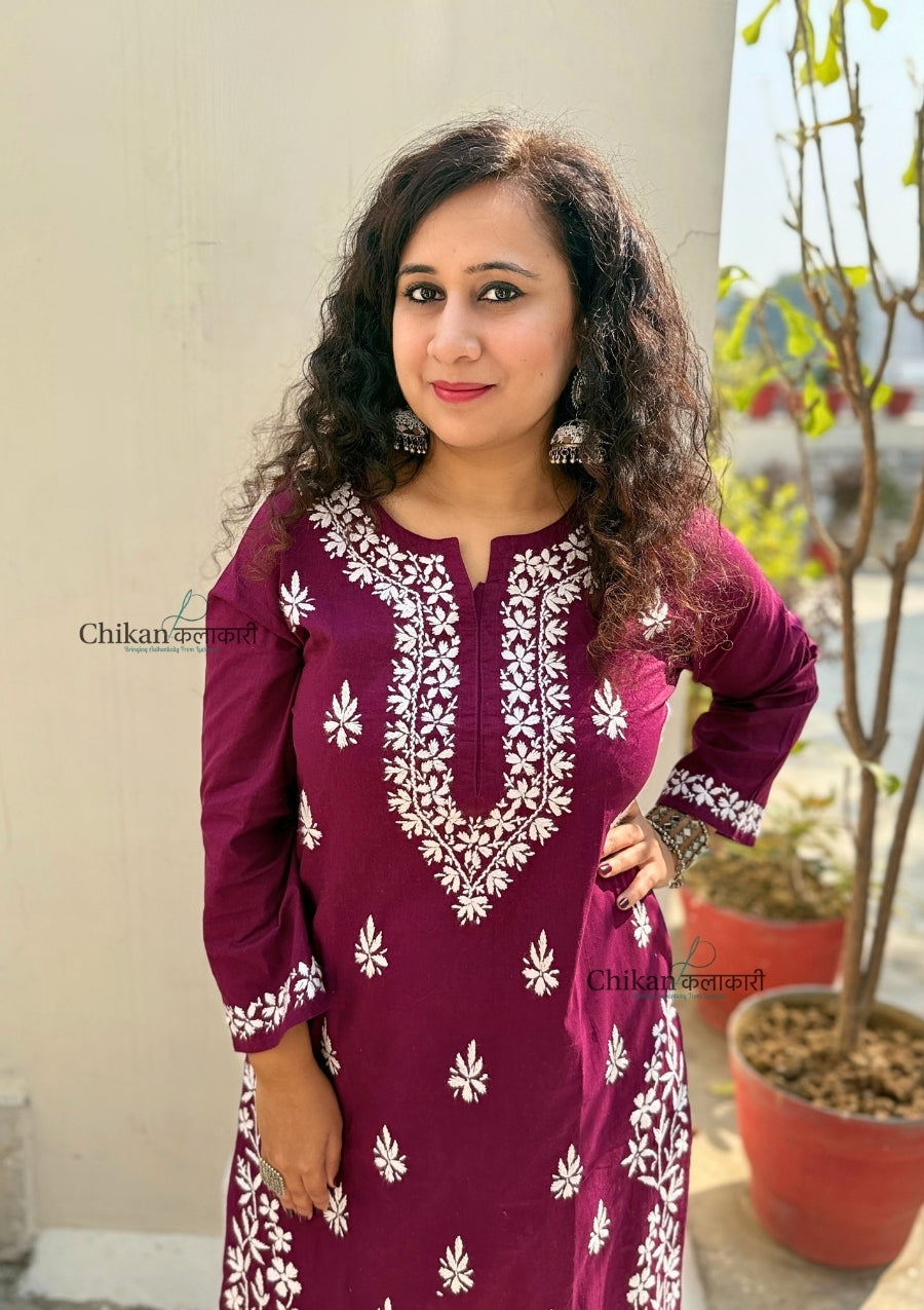 Meera Cotton Chikankari Kurti - Wine