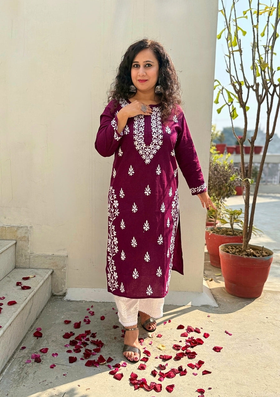 Meera Cotton Chikankari Kurti - Wine