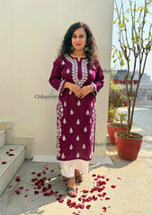 Meera Cotton Chikankari Kurti - Wine