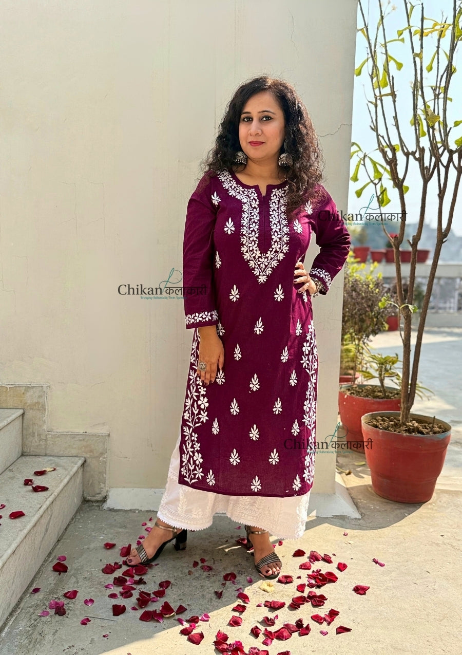 Meera Cotton Chikankari Kurti - Wine