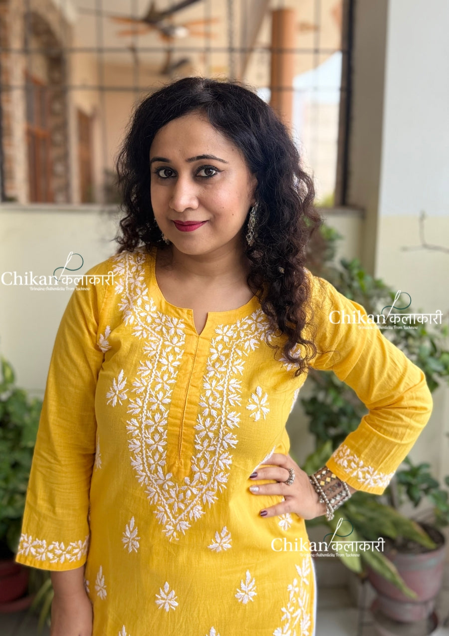 Meera Cotton Chikankari Kurti - Yellow