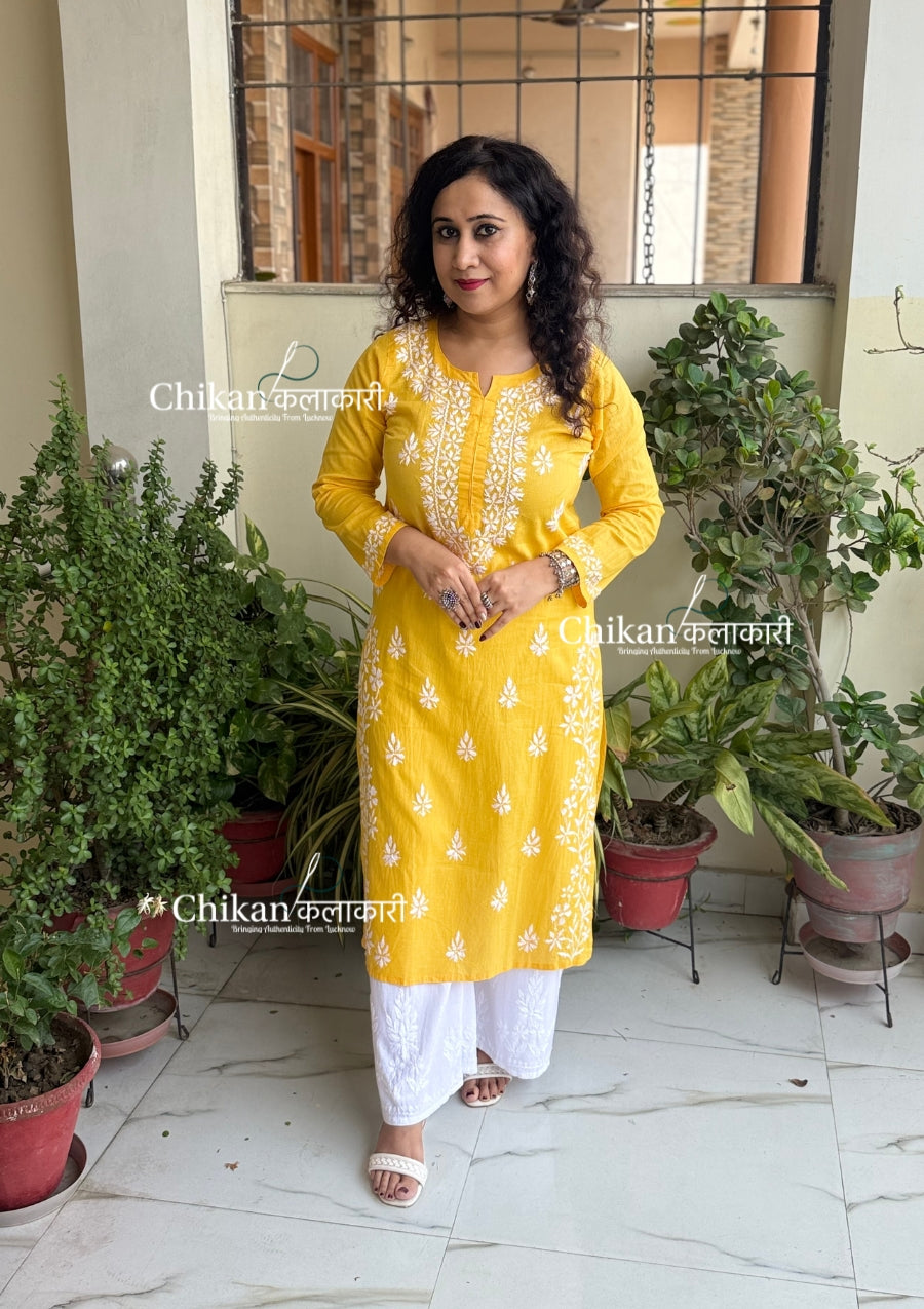 Meera Cotton Chikankari Kurti - Yellow