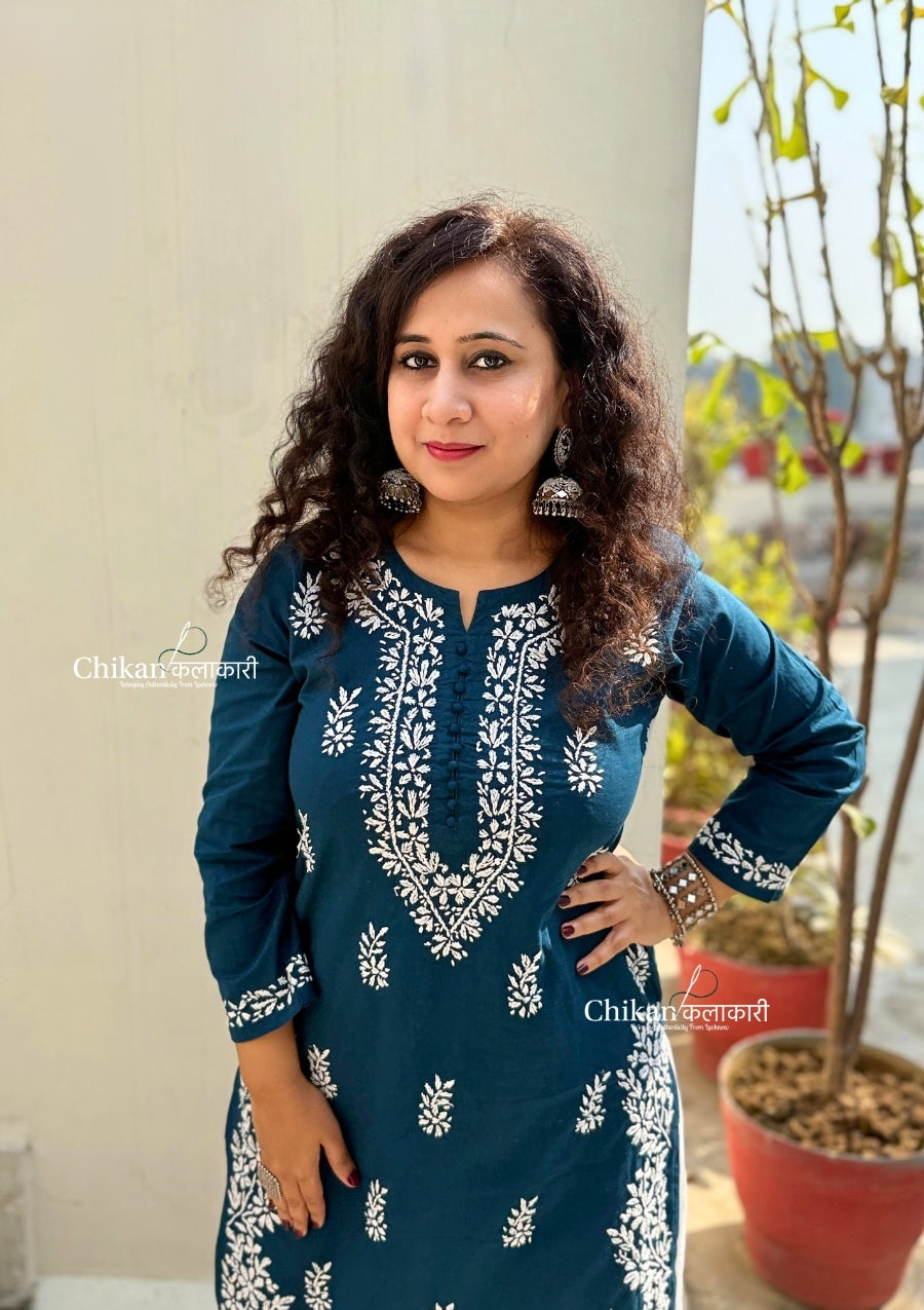 Meera Cotton Chikankari Kurti - Teal Blue