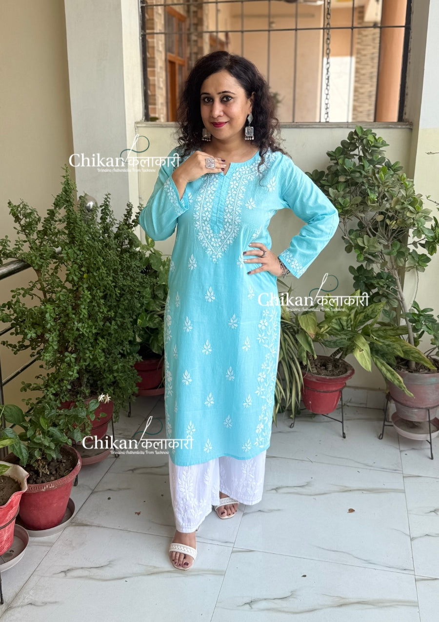 Meera Cotton Chikankari Kurti - Light Blue