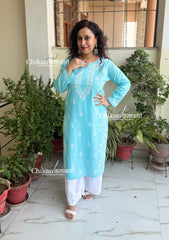 Meera Cotton Chikankari Kurti - Light Blue