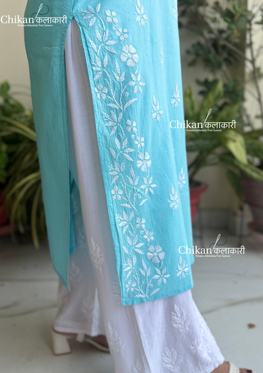 Meera Cotton Chikankari Kurti - Light Blue