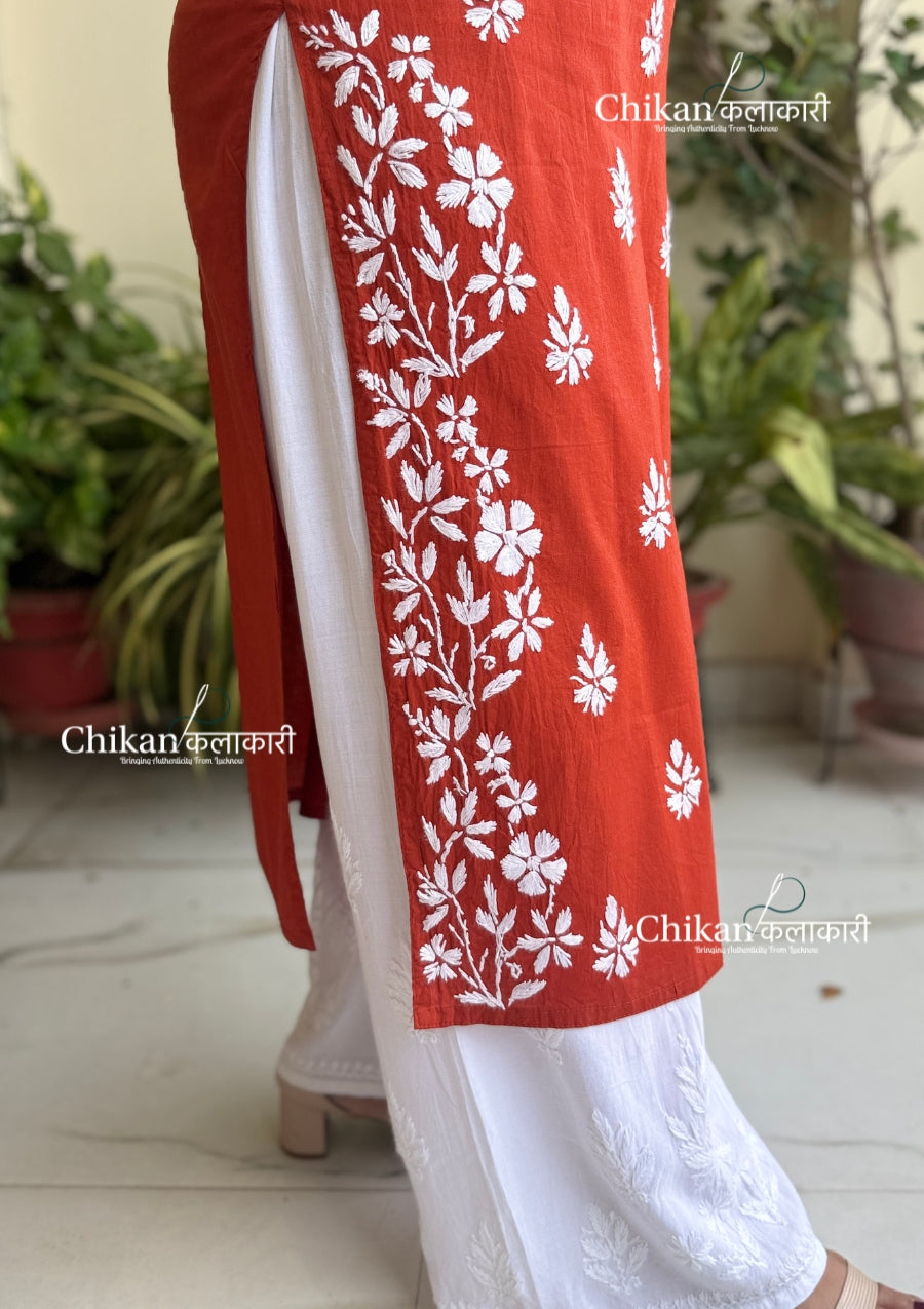 Meera Cotton Chikankari Kurti - Rust
