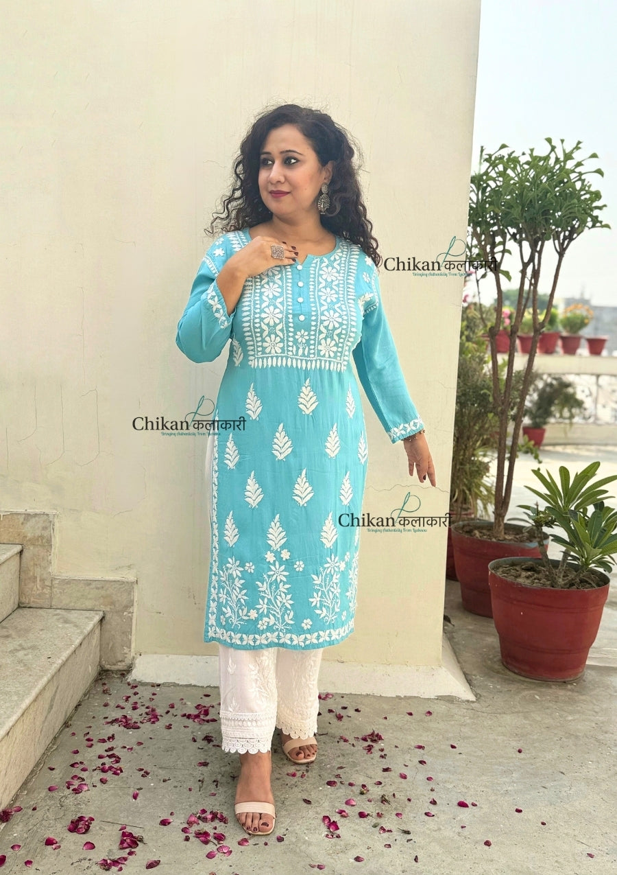 Meher Rayon Chikankari Kurti - Baby Blue