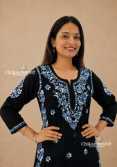 Mihika Rayon Black Chikankari Kurti Set - Blue