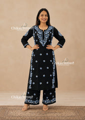 Mihika Rayon Black Chikankari Kurti Set - Blue