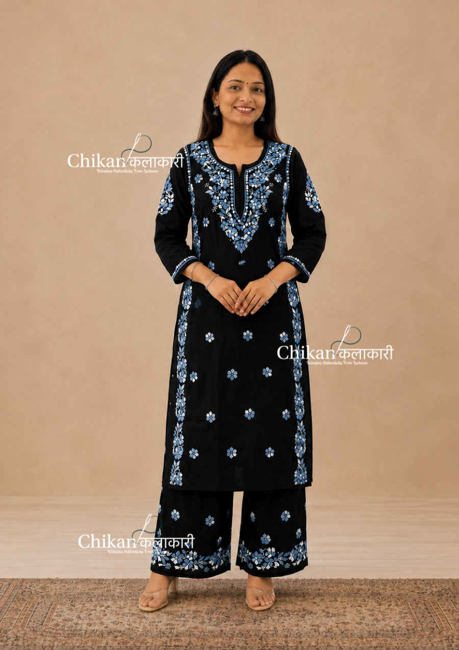Mihika Rayon Black Chikankari Kurti Set - Blue