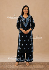 Mihika Rayon Black Chikankari Kurti Set - Blue