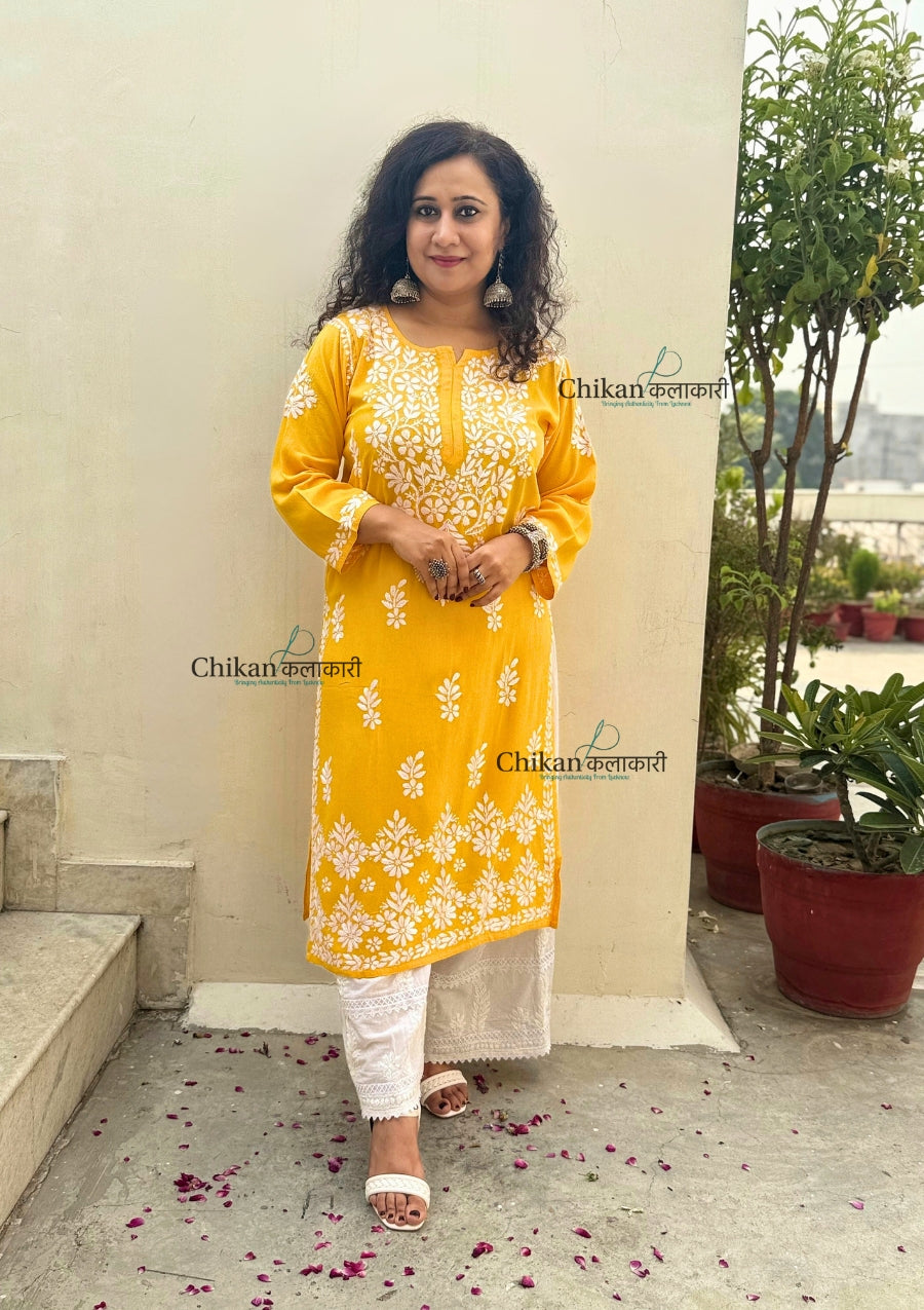 Misha Rayon Chikankari Kurti - Yellow