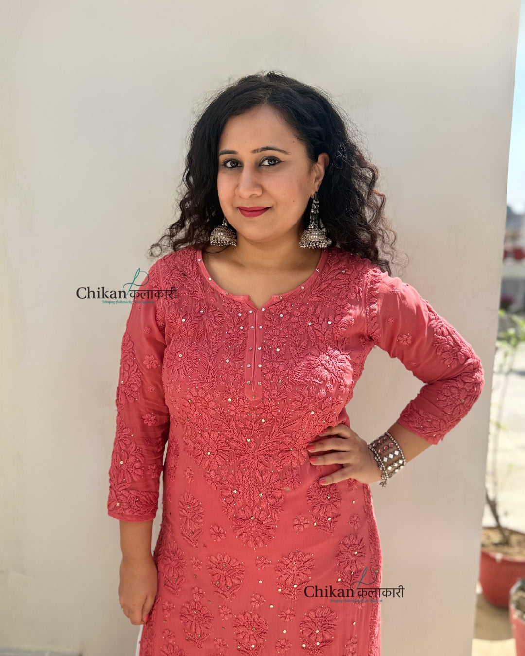 Naaz Viscose Chikankari Kurti With Mukaish work - Rust