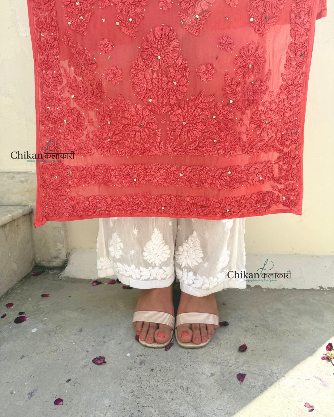 Naaz Viscose Chikankari Kurti With Mukaish work - Rust