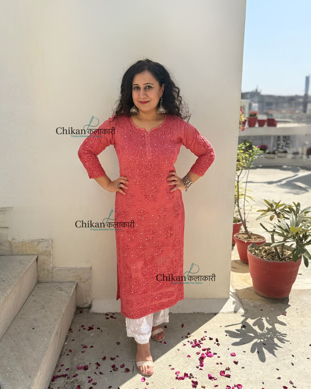 Naaz Viscose Chikankari Kurti With Mukaish work - Rust