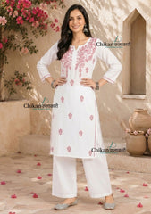 Navya White Rayon Chikankari Kurti - Pink