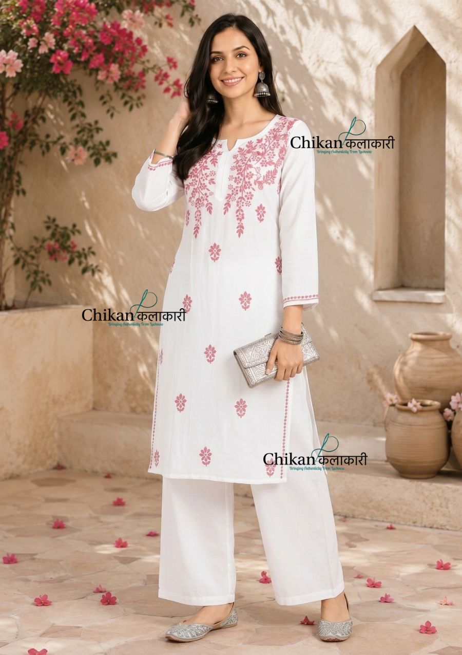 Navya White Rayon Chikankari Kurti - Pink