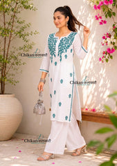 Navya White Rayon Chikankari Kurti - Teal Green