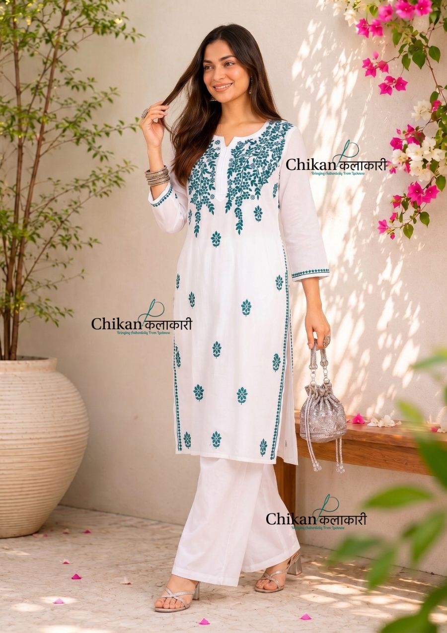 Navya White Rayon Chikankari Kurti - Teal Green