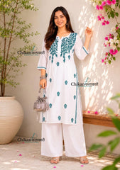 Navya White Rayon Chikankari Kurti - Teal Green