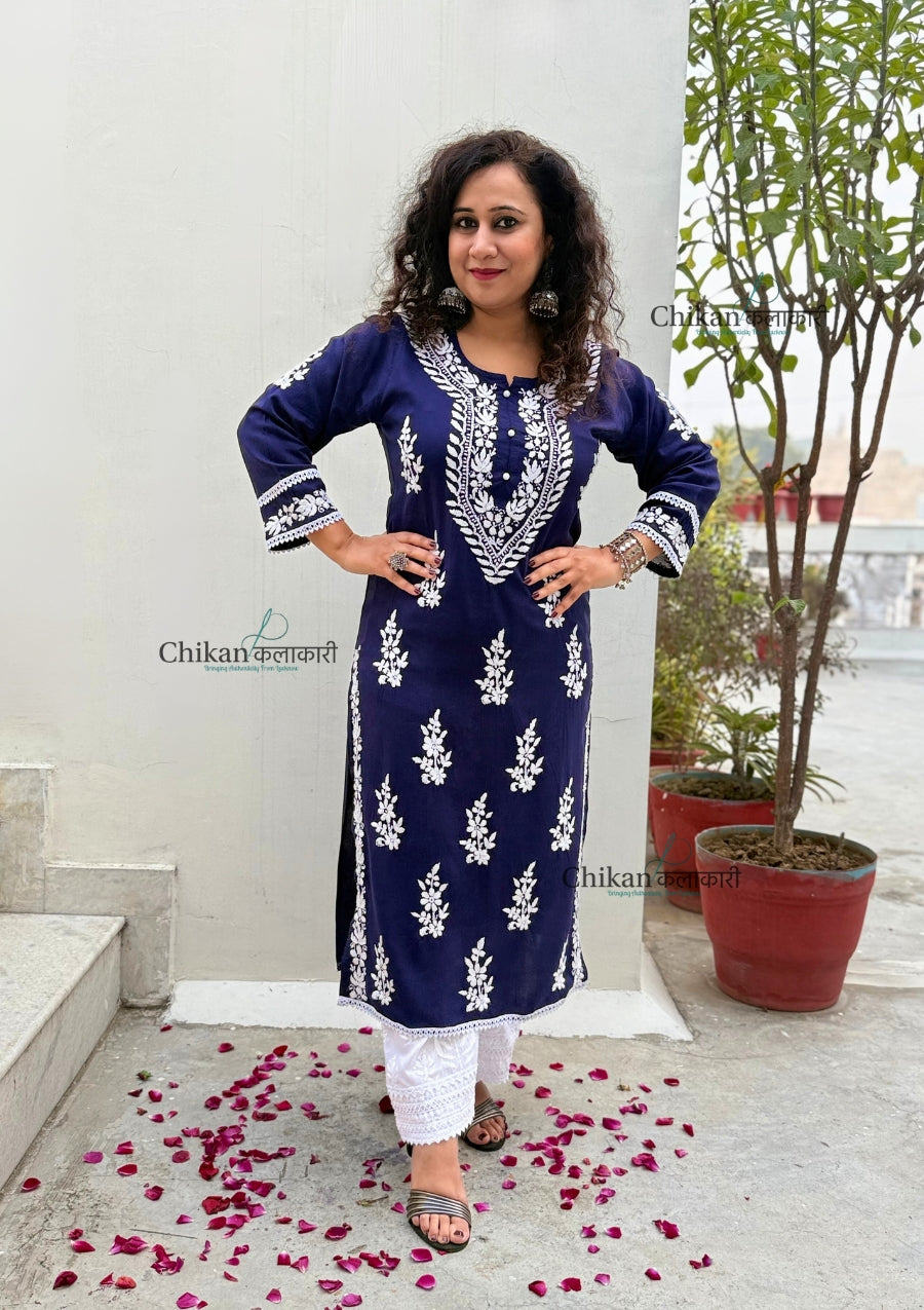 Nazneen Rayon Chikankari Kurti - Blue