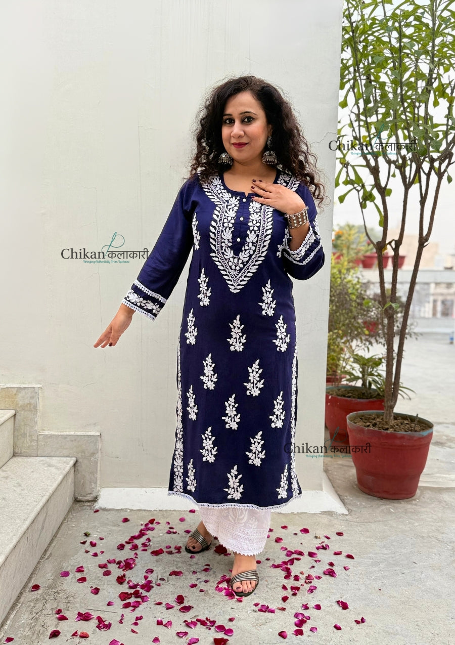 Nazneen Rayon Chikankari Kurti - Blue