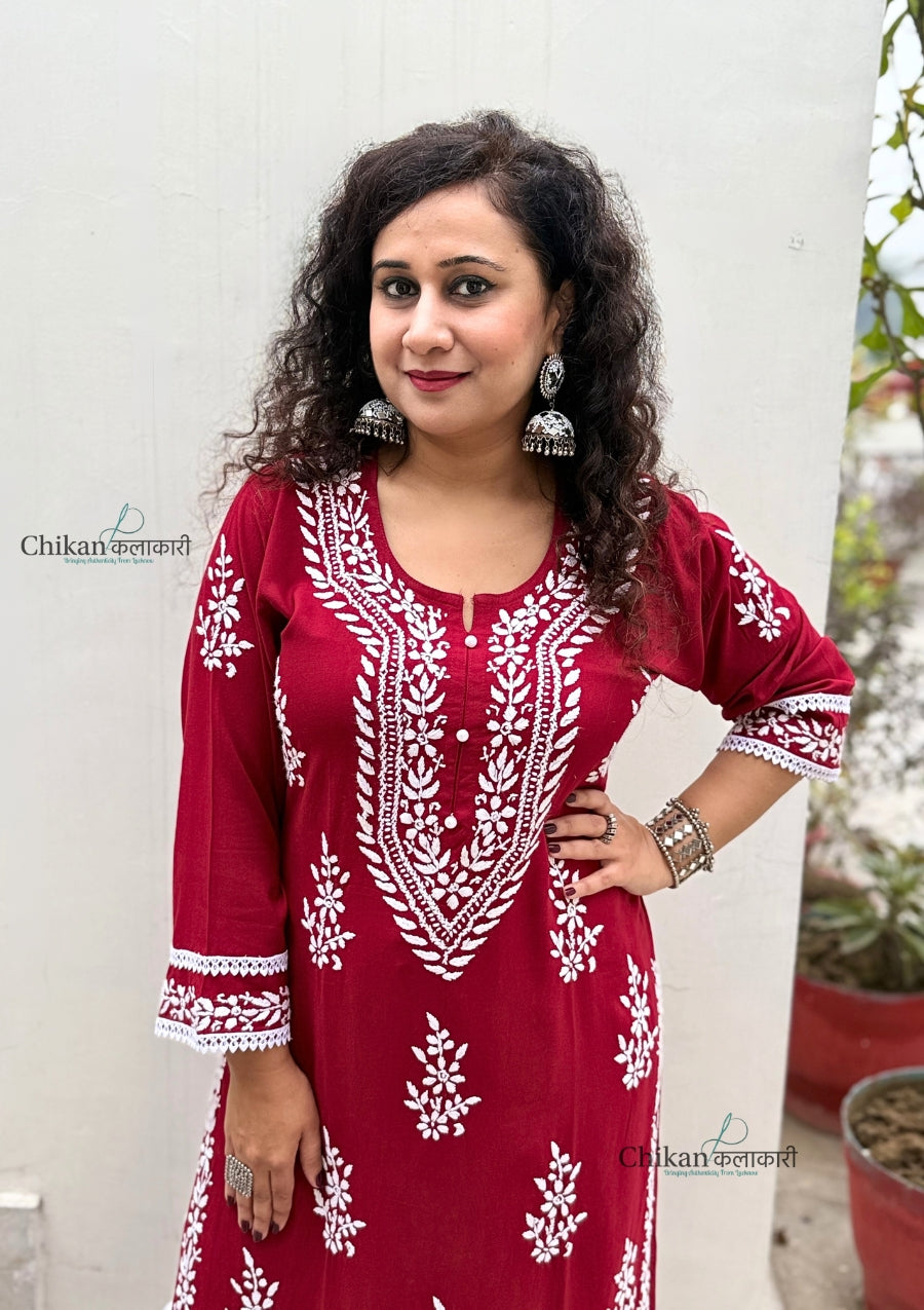 Nazneen Rayon Chikankari Kurti - Maroon