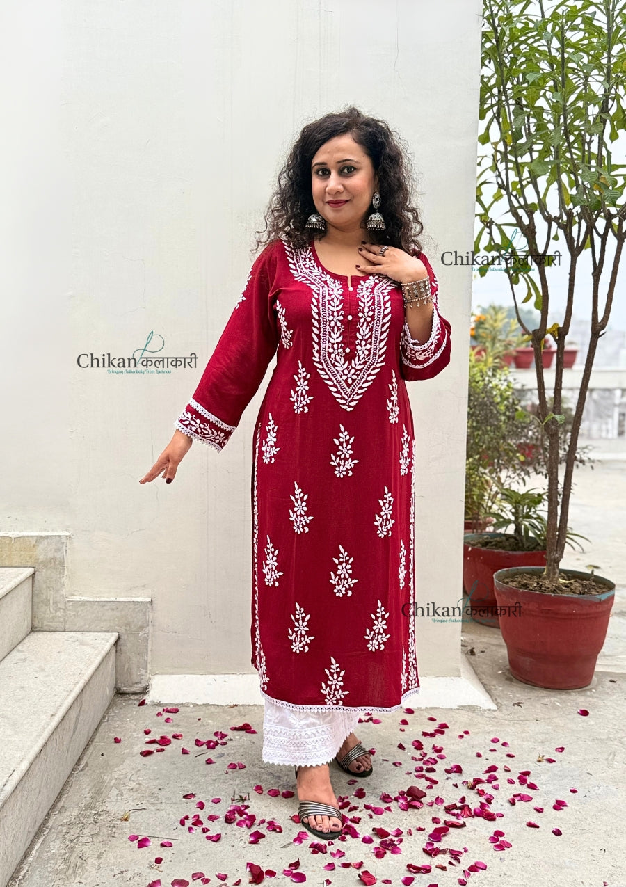 Nazneen Rayon Chikankari Kurti - Maroon