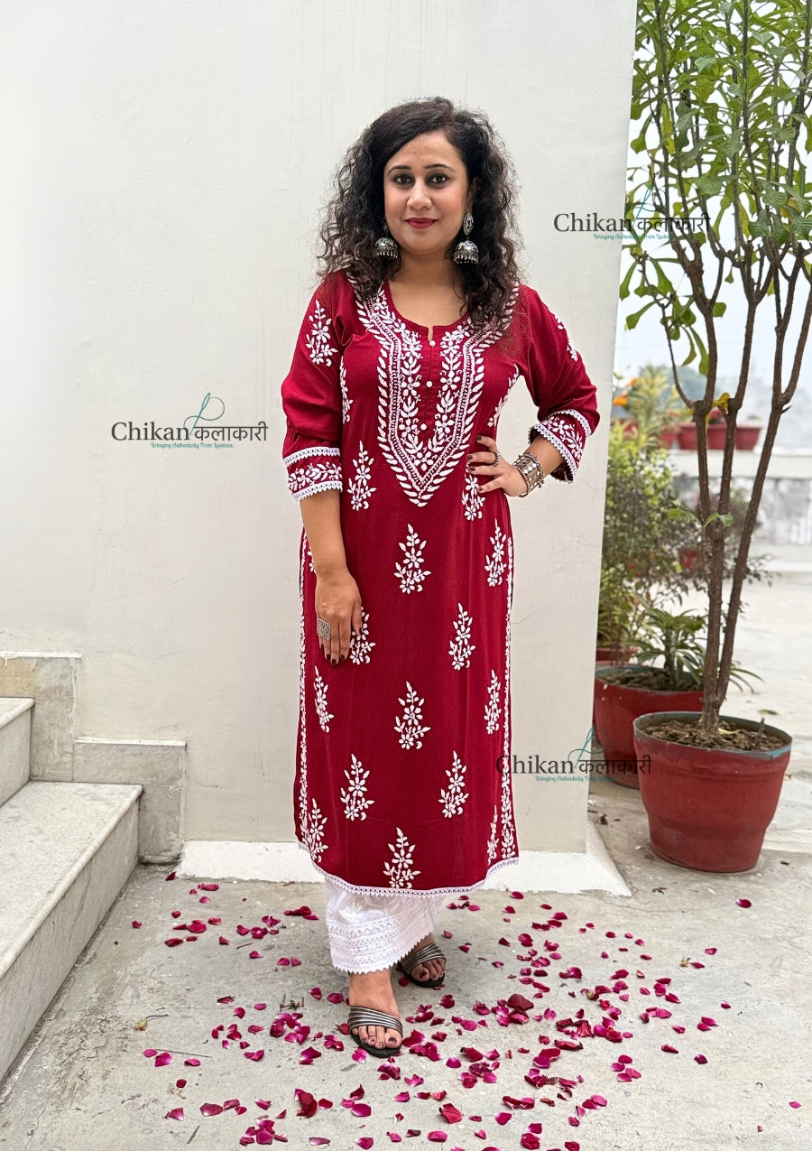 Nazneen Rayon Chikankari Kurti - Maroon