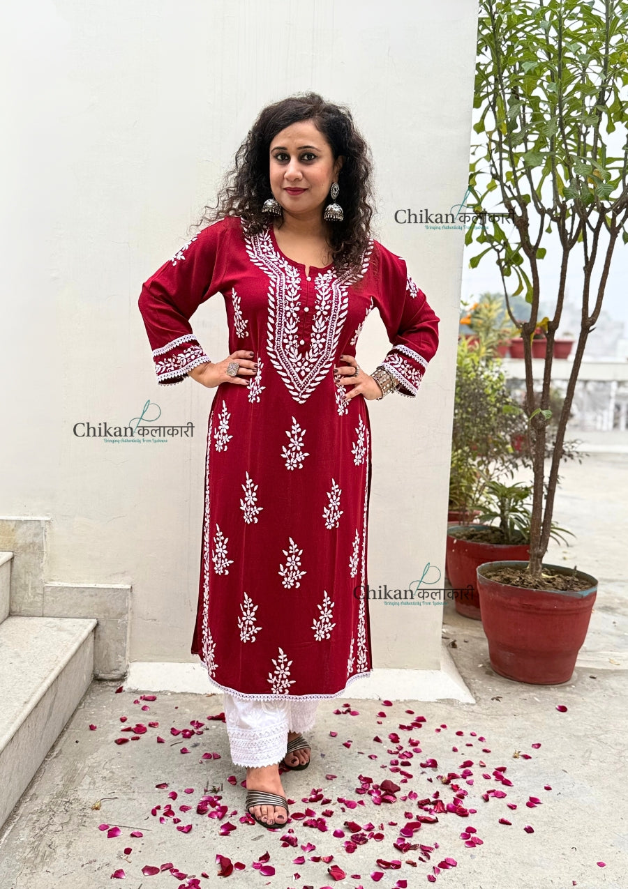 Nazneen Rayon Chikankari Kurti - Maroon