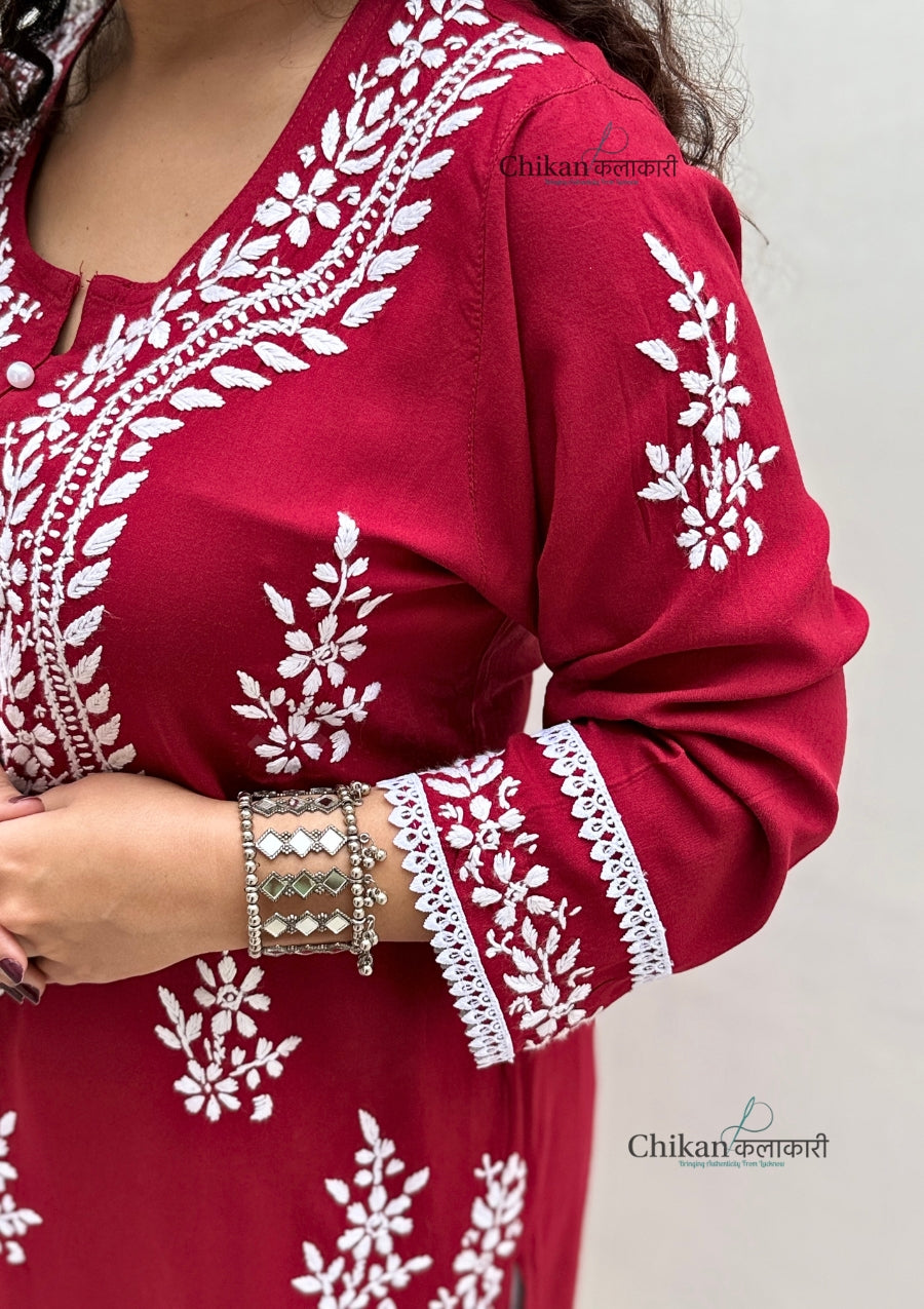 Nazneen Rayon Chikankari Kurti - Maroon