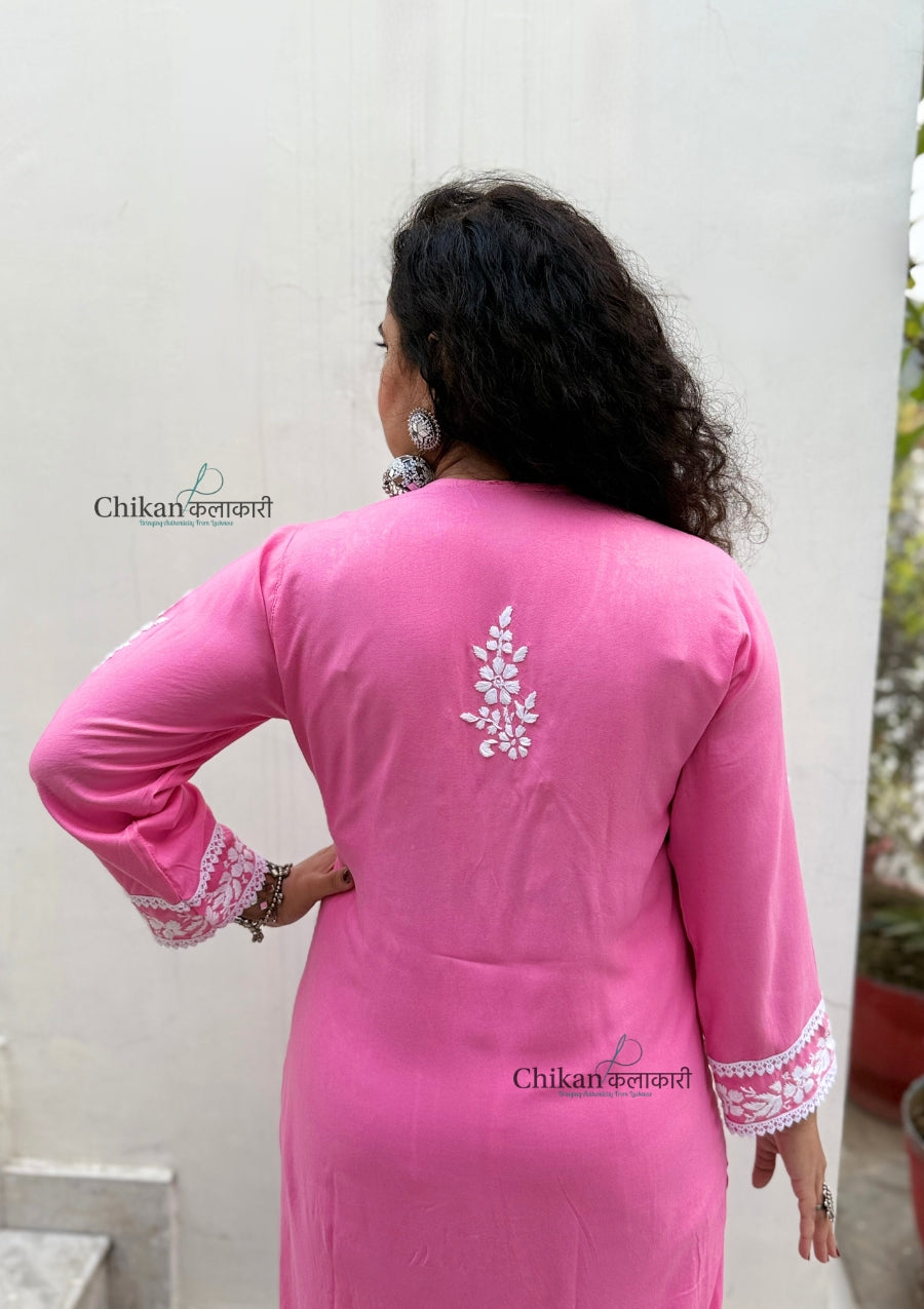 Nazneen Rayon Chikankari Kurti - Pink