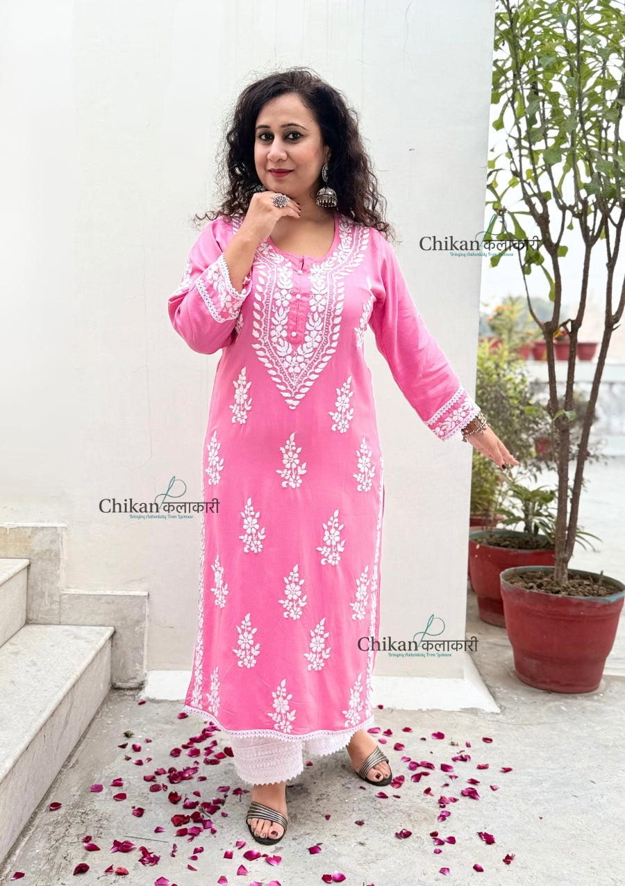 Nazneen Rayon Chikankari Kurti - Pink