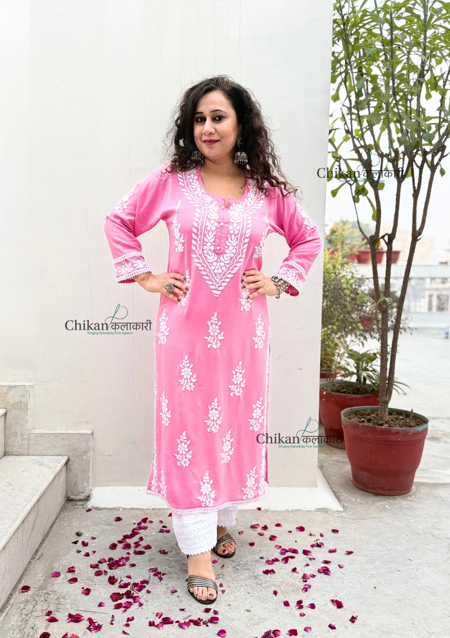 Nazneen Rayon Chikankari Kurti - Pink